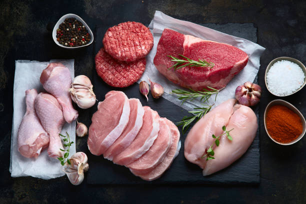istock Raw meat assortment on black background. 1176053340