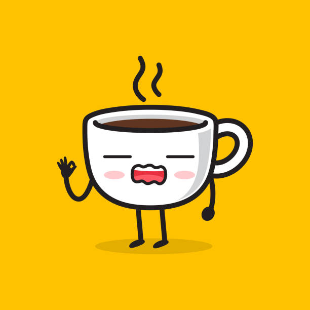 illustrations, cliparts, dessins animés et icônes de caractère de tasse de café de kawaii dans l'action bâillage - portrait bouche ouverte