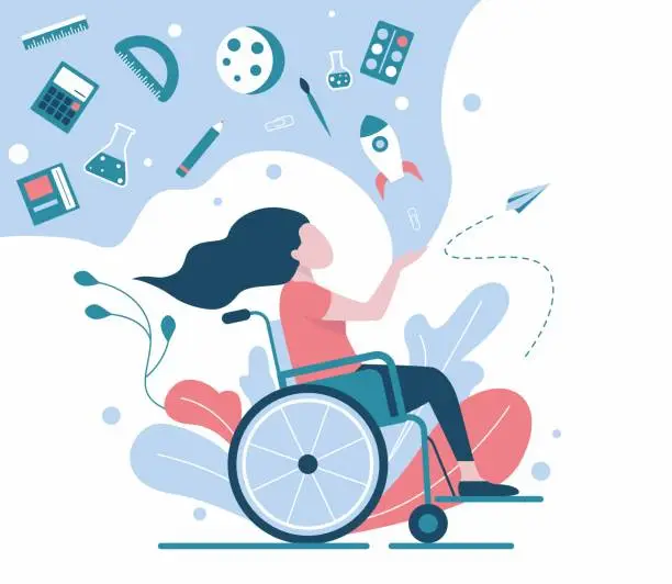 Vector illustration of Girl, schoolgirl in a wheelchair. Inclusive Learning