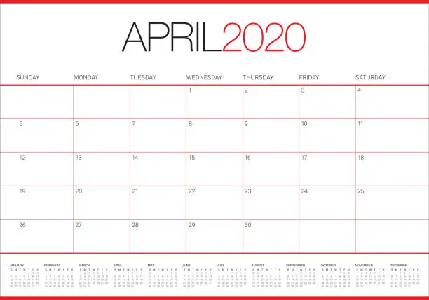 Vector illustration of April 2020 desk calendar vector illustration