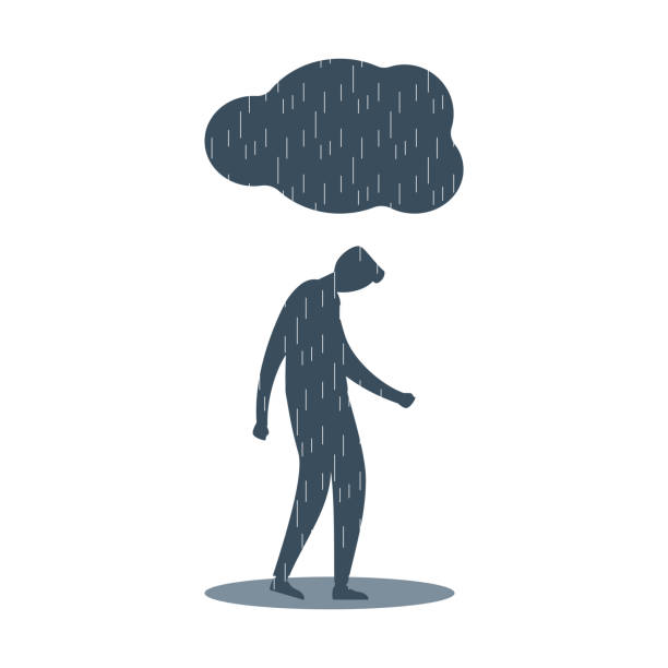 Young man with anxiety and depression illustration Young man feels distressed and depressed. Mental illness, disorder, anxiety depression concept. Dark cloud with rain above unhappy guy standing in puddle. Flat vector illustration sad child standing stock illustrations