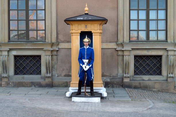 strażnicy na stanowiskach w pałacu królewskim w sztokholmie - people full length palace sweden zdjęcia i obrazy z banku zdjęć