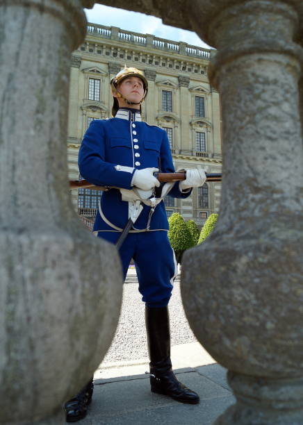 strażnicy na stanowiskach w pałacu królewskim w sztokholmie - people full length palace sweden zdjęcia i obrazy z banku zdjęć