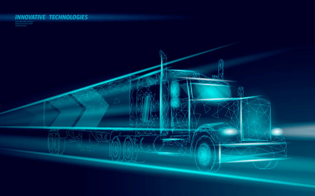 ilustrações de stock, clip art, desenhos animados e ícones de low poly transport abstract truck. lorry van fast delivery shipping logistic. polygonal dark blue speed highway industry international transportation traffic vector illustration - trucking