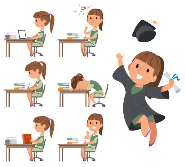 Vector illustration of Happy Girl Her Graduation Day. School days