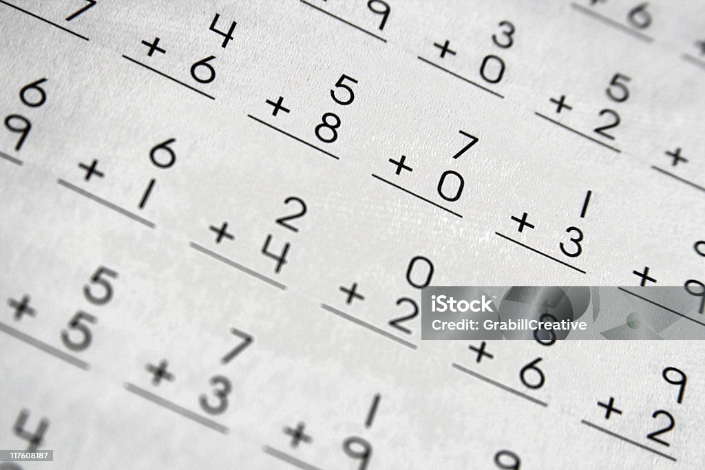 Page of Elementary School Addition Math Problems  Mathematical Symbol Stock Photo