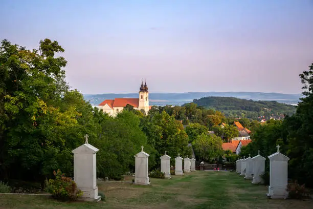 Tihany abbey and the village from the Calvary Hill at lake Balaton in Hungary