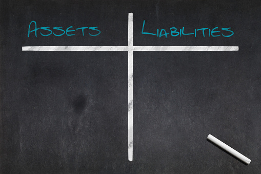 Blackboard with the a table divides between Assets and Liabilities drawn in the middle.