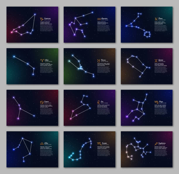 Zodiacal constellations set with bright stars Zodiacal constellations set with bright stars. Twelve star signs and dates of birth on deep space background. Astrology horoscopes with unique positive people personality traits vector illustration. capricorn illustrations stock illustrations