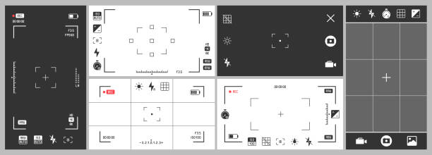 ilustraciones, imágenes clip art, dibujos animados e iconos de stock de visor de cámara de fotos. grabación de vídeo, aplicación de fotograf�ía de teléfono inteligente ui y marco de enfoque de ajuste. conjunto de vectores de ajustes de exposición - screen shoot