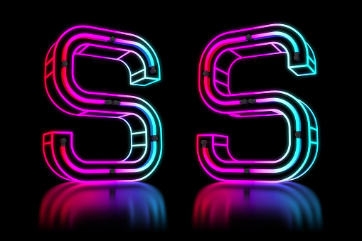 Glowing Colorful Neon Alphabet. 3d rendering illustration. Perspective LED text
