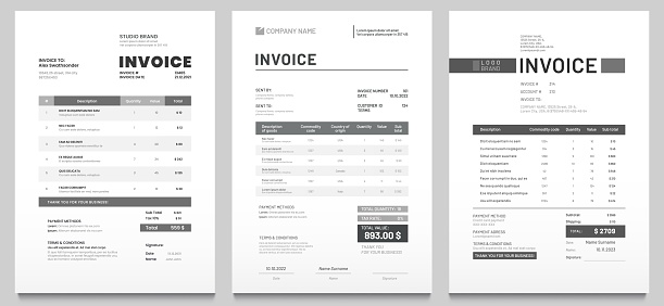 Invoices templates. Price receipt, payment agreement and invoice bill template. Business sales pricing invoices, accounting or bill receipt. Invoice document page isolated vector set