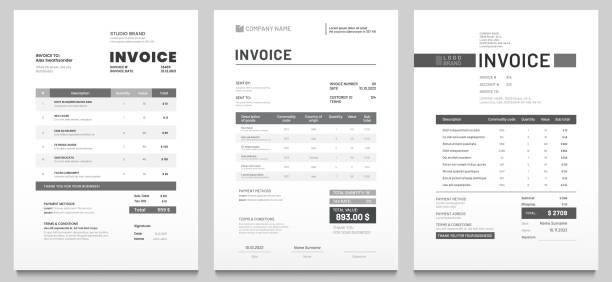 Invoices templates. Price receipt, payment agreement and invoice bill template vector set Invoices templates. Price receipt, payment agreement and invoice bill template. Business sales pricing invoices, accounting or bill receipt. Invoice document page isolated vector set financial bill stock illustrations