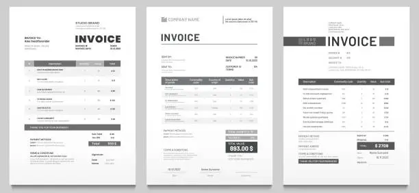 Vector illustration of Invoices templates. Price receipt, payment agreement and invoice bill template vector set