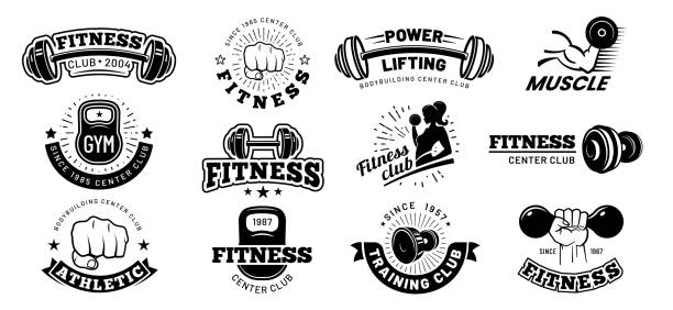Retro fitness badges. Gym emblem, sport label and black stencil bodybuilding badge vector set Retro fitness badges. Gym emblem, sport label and black stencil bodybuilding badge. Fit weight training workout logo, athlete team or gym sticker emblem. Isolated vector icons set muscle strength icon stock illustrations