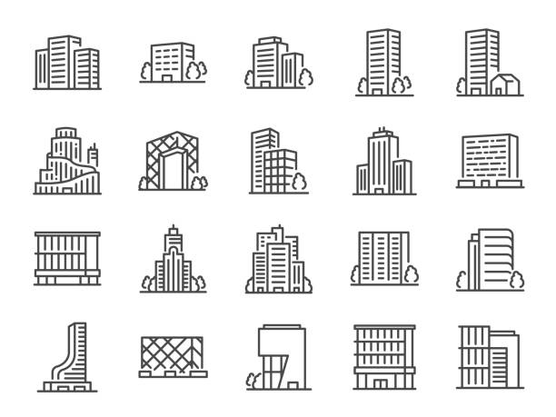 ilustraciones, imágenes clip art, dibujos animados e iconos de stock de conjunto de iconos de línea de construcción. incluye iconos como paisaje urbano, arquitectura, vivienda, rascacielos, estructura y más. - scape