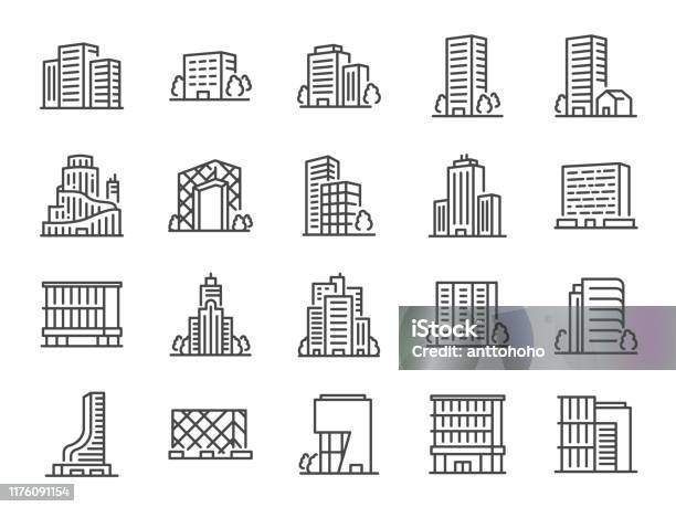 건물 선 아이콘 세트입니다 도시 경관 건축 주거 마천루 구조 등으로 아이콘을 포함 아이콘에 대한 스톡 벡터 아트 및 기타 이미지