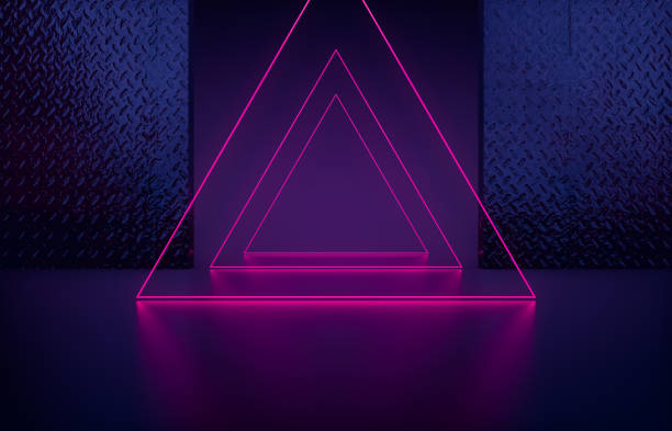 istock Futuristic Sci-Fi Modern empty stage. Reflective concrete room with glowing triangle neon pink color. 1176093218