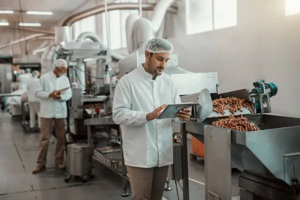 Photo of Young Caucasian serious supervisor evaluating quality of food in food plant while holding tablet. Man is dressed in white uniform and having hair net.