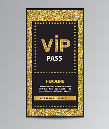 Black VIP pass admission flyer template with golden glittering elements.