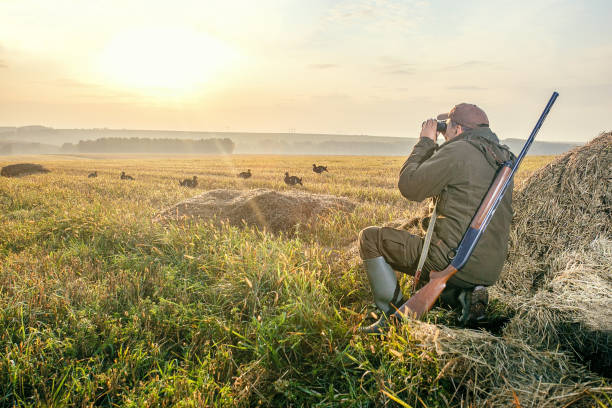 el hombre está de cacería. período de caza, temporada de otoño. - rifle shotgun hunting camouflage fotografías e imágenes de stock