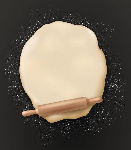 Bakery poster, dough knead and rolling pin Dough, rolling pin and flour on table, 3d realistic top view. Vector dough kneading with rolling pin, bakery and patisserie or baker shop poster, wheat and rye bread baking rolling dough stock illustrations