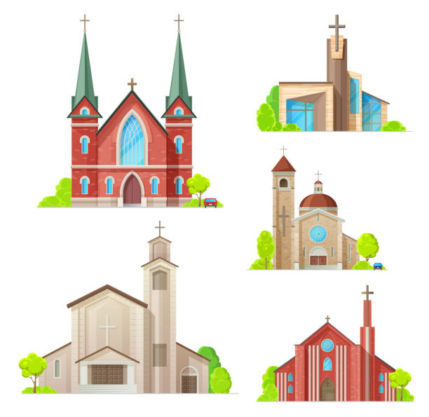 교회, 성당 예배당, religon 건축 - cathedral architecture old church stock illustrations