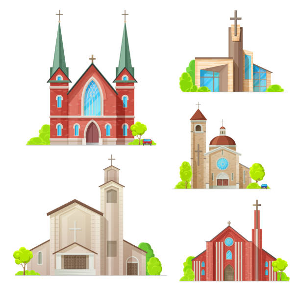 Church, cathedral chapel, religon architecture Church buildings, cathedral, chapels and monastery facades icons. Vector isolated Medieval cathedral, and modern church, Christian orthodox, catholic and evangelic religious architecture steeple stock illustrations