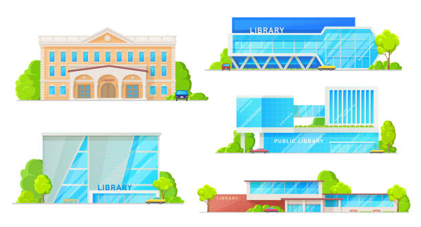 библиотека современных зданий изолированных фасад экстерьеров - window book education symbol stock illustrations