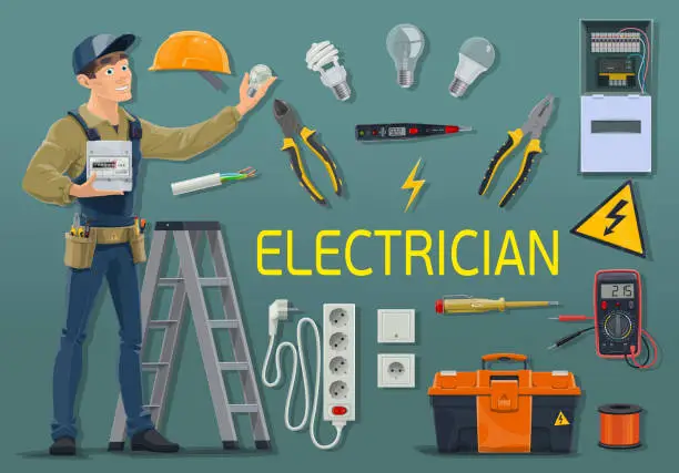 Vector illustration of Electrician with electricity meter and work tools