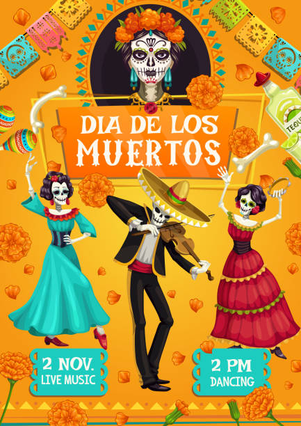 ilustrações de stock, clip art, desenhos animados e ícones de dia de los muertos spanish day of dead party dance - carnival spirit