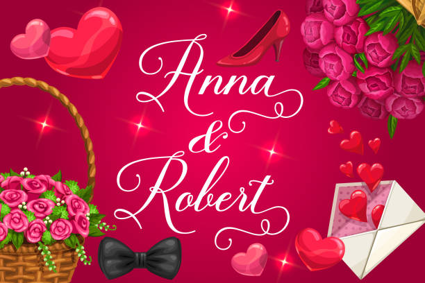 Names of bride and groom, wedding party invitation Bride and groom names on save the date, invitation on wedding party. Vector basket of flowers and luxury bouquets, hearts and envelope with love message. Bridal shoe and bow, sparkles on pink hoops wedding stock illustrations