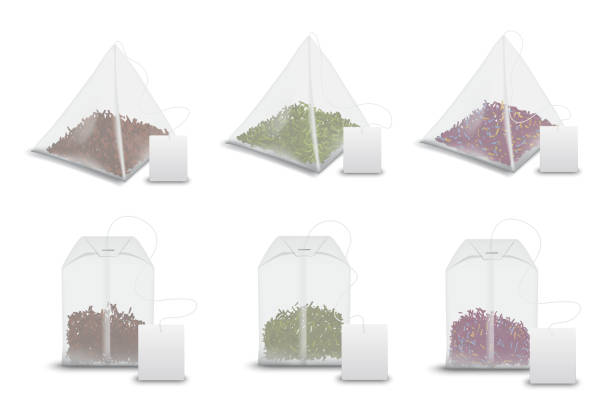 ilustrações de stock, clip art, desenhos animados e ícones de tea bag pyramids, teabag tags realistic mockups - teabag label blank isolated