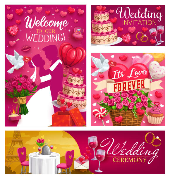 Save the date, wedding day symbol. Bride and groom Love forever, welcome wedding ceremony invitations, dancing bride and groom. Vector marriage in Paris, dining table with chairs, cake and basket with flowers. Wine and rose bouquets, engagement rings paris red lips stock illustrations
