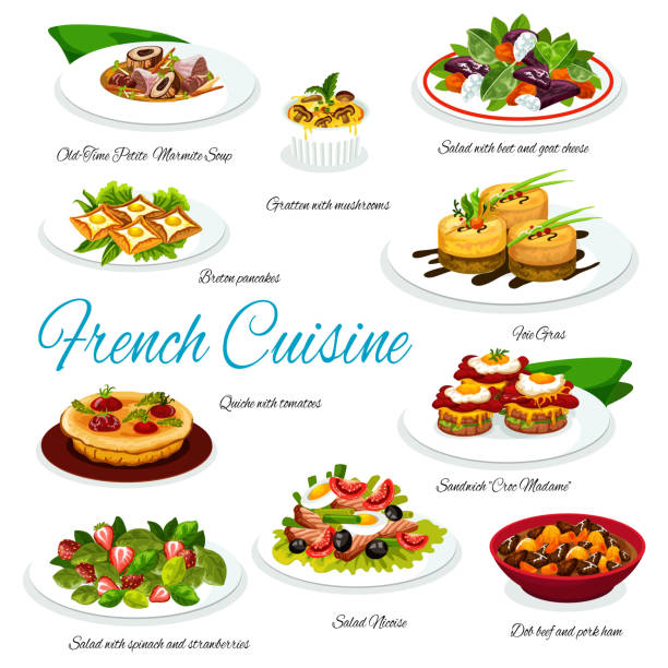 French cuisine salads, foie gras, soup and quiche French cuisine meal of meat and vegetable dishes. Vector salads with cheese, olives, spinach and tuna, foie gras, tomato pie quiche and mushroom gratin, egg sandwich, buckwheat crepes and chicken soup buckwheat stock illustrations