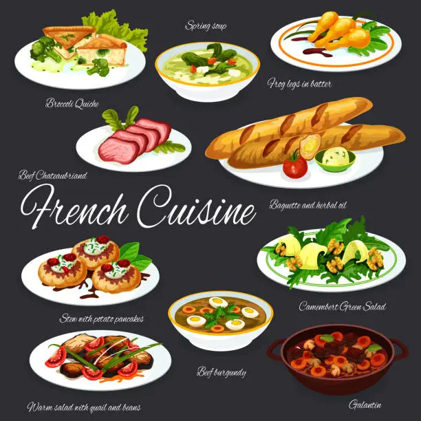 Vector illustration of French dishes of meat and vegetables with baguette