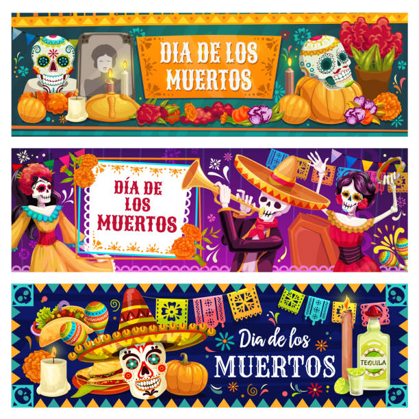 죽은 제단의 멕시코 의 날, 설탕 두개골, 해골 - carnival spirit stock illustrations