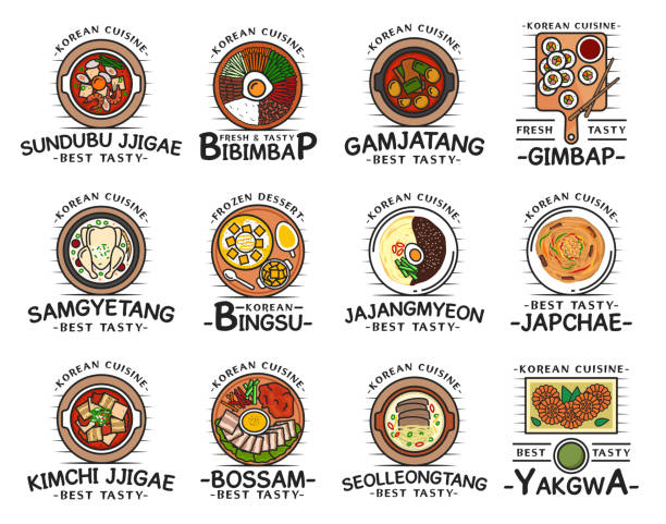 Korean cuisine food, restaurant cafe menu dishes Korean cuisine food, traditional breakfast, lunch and dinner meals, restaurant cafe menu dishes. Vector Korean kimchi jjigae soup, bibimpap, gimbap and gamjatang, bingsu dessert and seolleongtang korean food stock illustrations