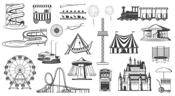 atrakcje w parku, ikona diabelskiego młyna zjeżdżalnia wodna - ferris wheel carousel rollercoaster wheel stock illustrations