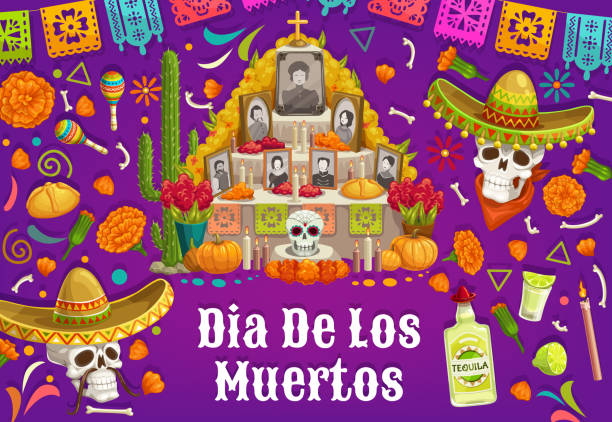 ołtarz ze zdjęciami zmarłych, dia de los muertos - altar stock illustrations
