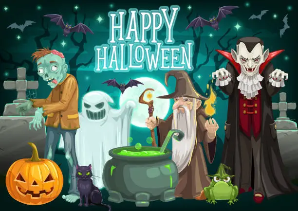 Vector illustration of Halloween ghost, pumpkin, zombie and dracula