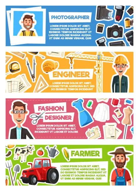 Vector illustration of Photographer, fashion designer, farmer or engineer