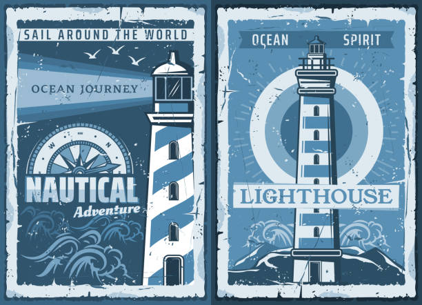 ilustrações, clipart, desenhos animados e ícones de poster retro náutico do farol marinho - lighthouse beacon sailing storm