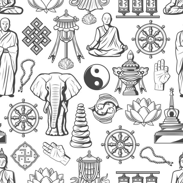 Buddhism religion Zen meditation seamless pattern Buddhism symbols and Zen Dharma religious icons seamless pattern. Vector Buddha monk mudra, Yin Yang fish sign or temple drums, elephant and Buddhist beads, stones or swastika and lotus pattern dharma chakra stock illustrations