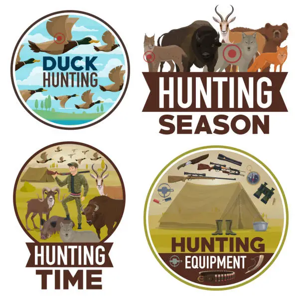 Vector illustration of Animals hunting open season, hunter equipment