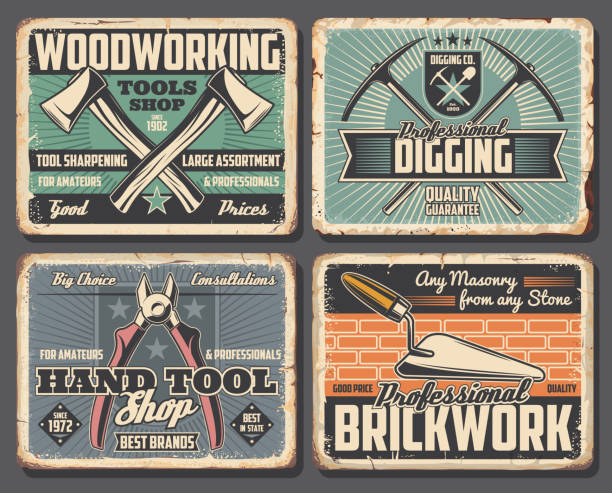 Repair, construction industry work tools posters Construction, handy repair and industrial tools shop posters. Vector rusty grunge plates with digging pickaxe and spade, woodworking ax or handy pliers and masonry brickwork trowel wire cutter stock illustrations