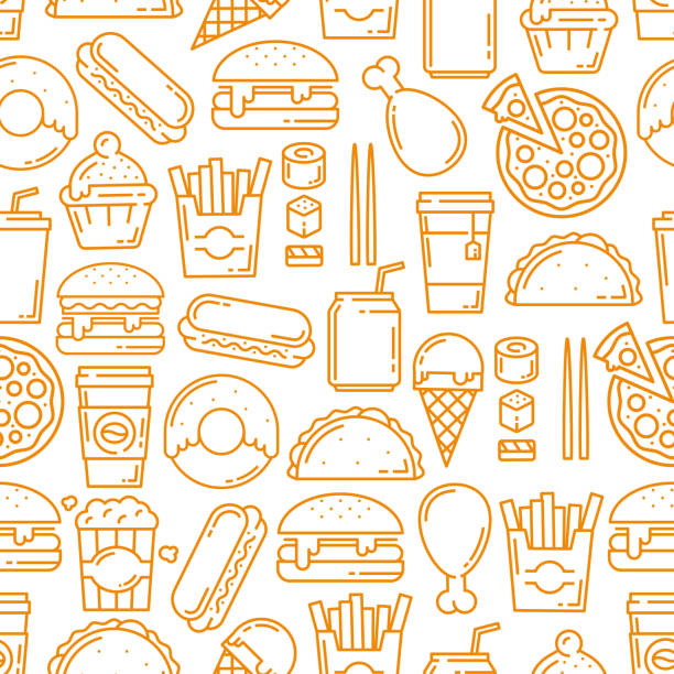 Fast food snacks, desserts seamless line pattern Fast food seamless pattern, thin line art background. Vector hot dogs, burgers or sandwiches and desserts, Mexican burrito, cheeseburger or hamburger and and fries pattern street food stock illustrations