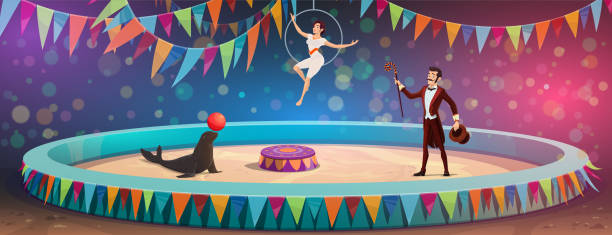 Circus acrobats and animal juggling show Circus arena and performers show. Vector big top circus animal tamer with seal juggling ball, magician illusionist with magic wand and equilibrist on aerial hoop circus tent illustrations stock illustrations