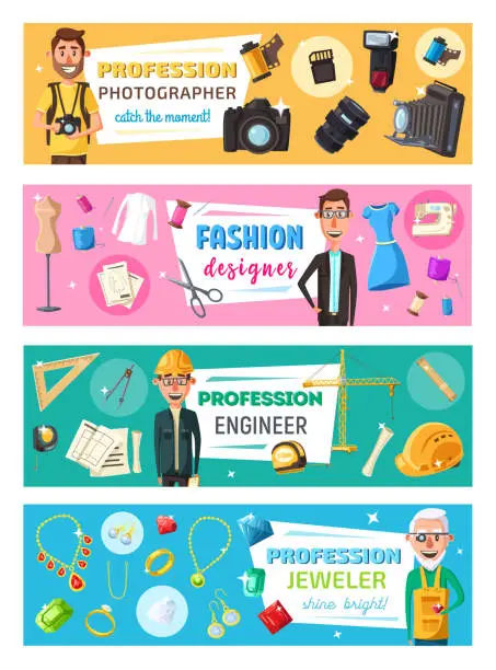 Vector illustration of Photographer, fashion designer jeweler professions