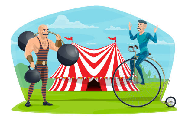 цирк эквилибрист на одноколесном велосипеде и мышечном шоу - circus strongman men muscular build stock illustrations